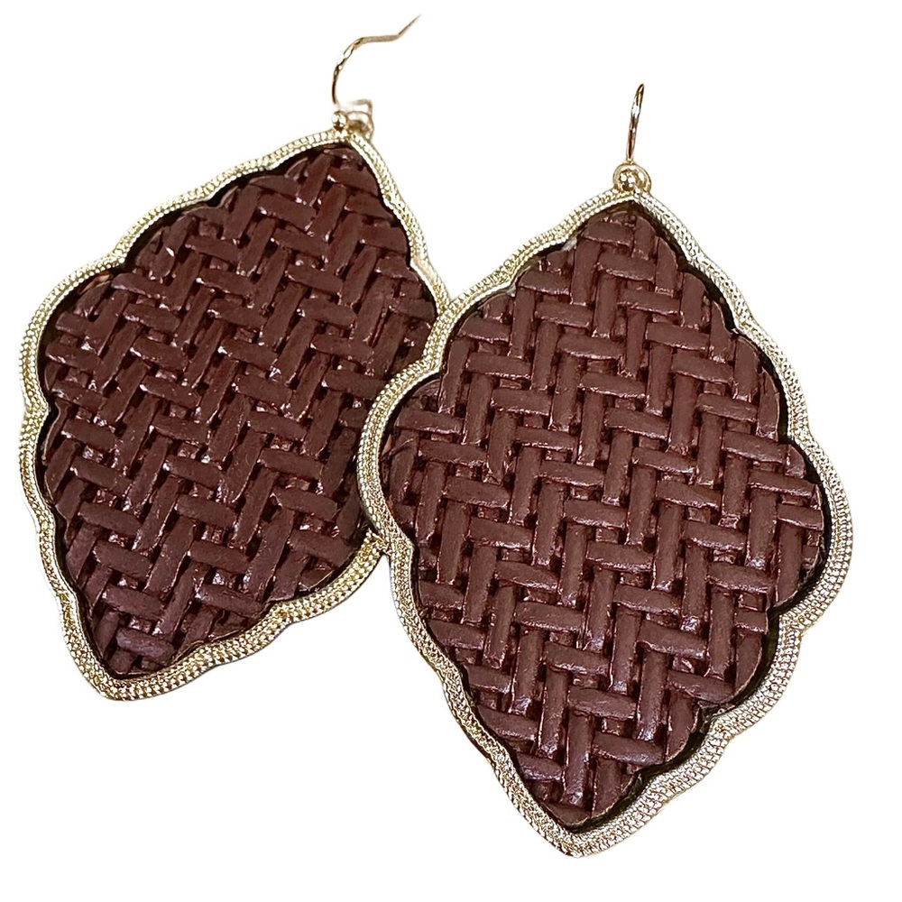Brown Rattan Gold Frame Earrings - NEW
